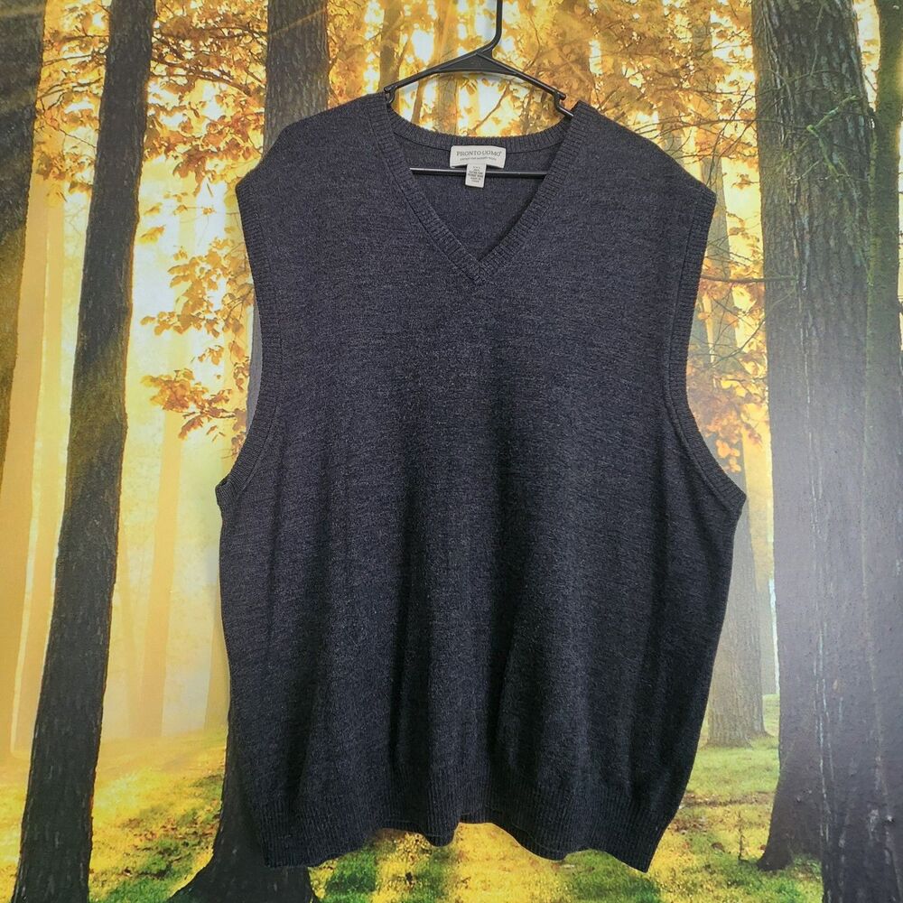 Pronto Uomo Sweater Vest Mens 2X Gray 100% Extra Fine Merino Wool Pullover